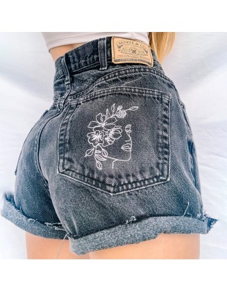 Basic Casual Embroidered Graphic Denim Shorts